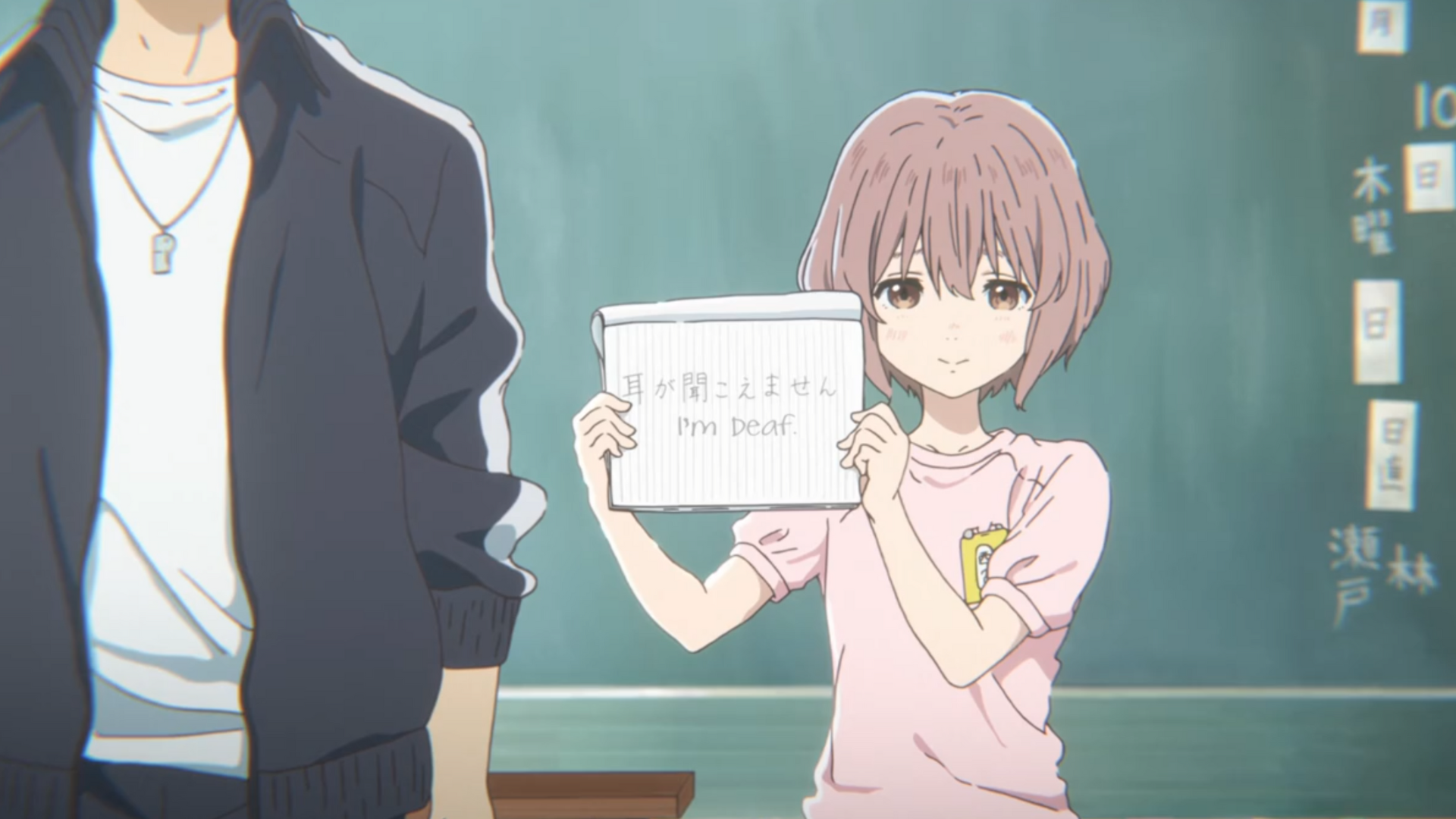 Nishimiya Shoko shows her classmates she's deaf