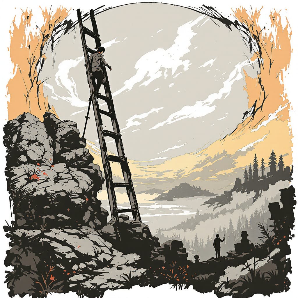 Man on a tall ladder in a post-apocalyptic setting